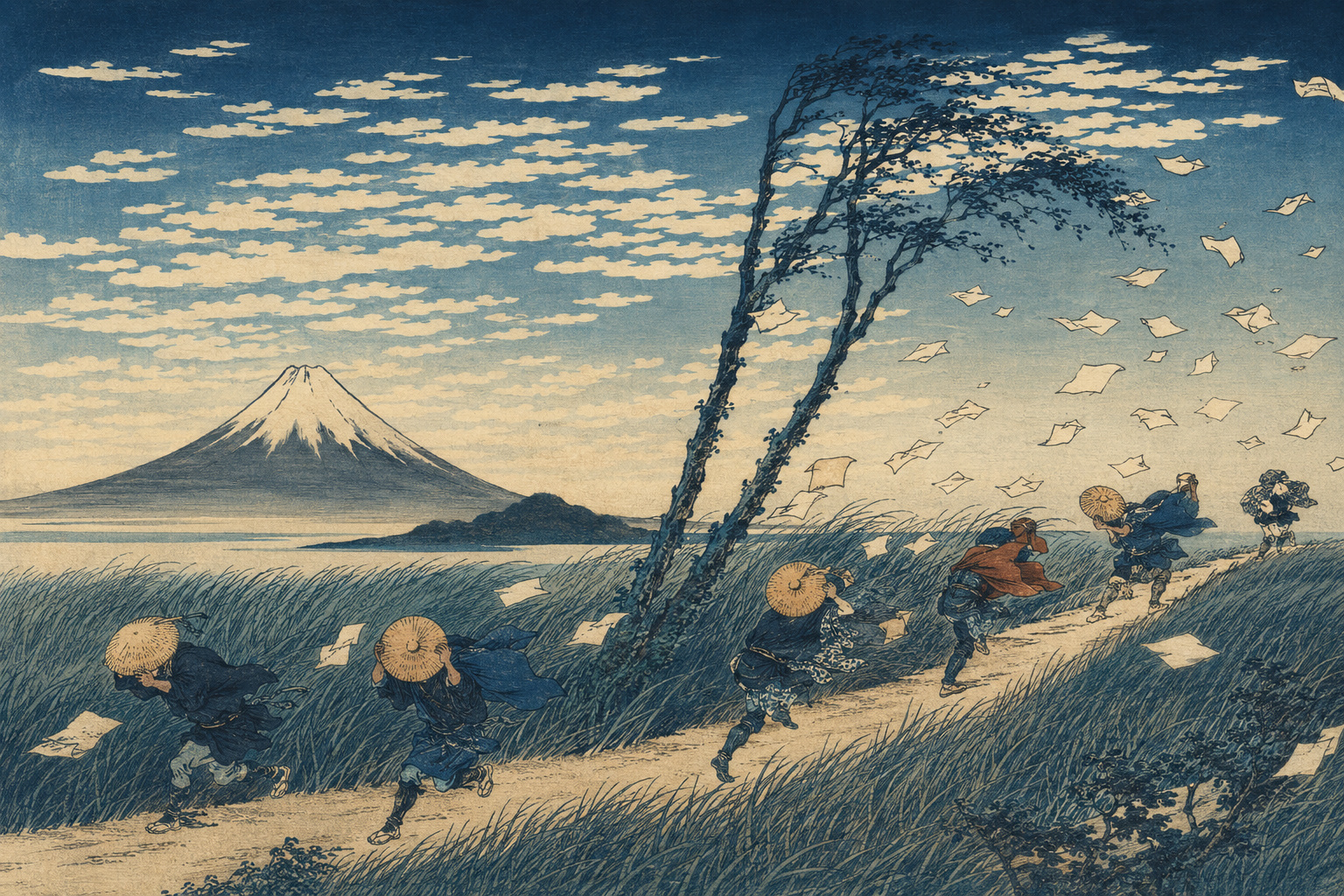 葛飾北斎『冨嶽三十六景 駿州江尻』。強風に笠や懐紙を飛ばされる旅人と遠景の富士