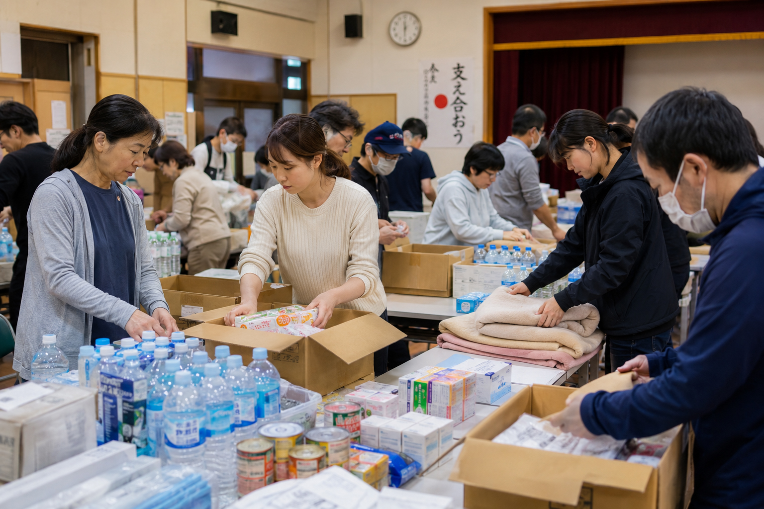 災害後の支援センターで、ボランティアが水、食品、衛生用品、毛布を仕分ける様子。支援は現場の必要に合わせて行う時、最も役に立つ。