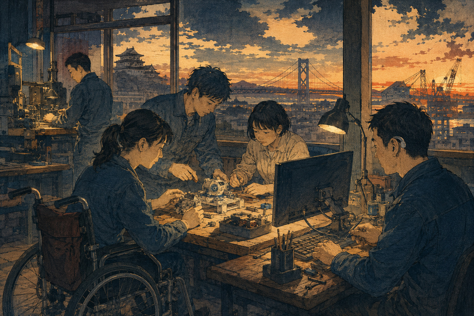 Editorial illustration of employees with and without disabilities collaborating in a Hyogo workshop