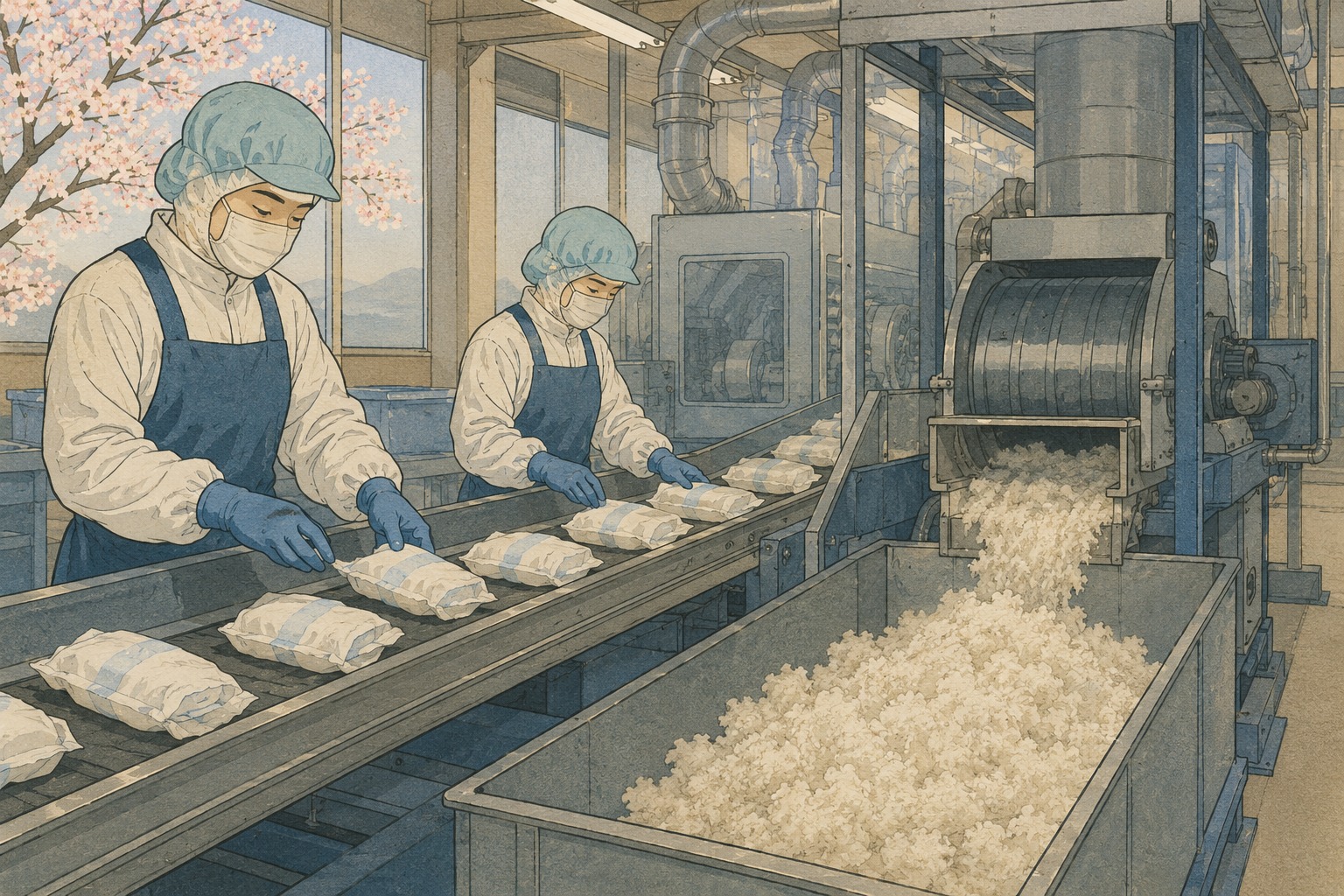 密封された使用済紙おむつを再資源化ラインへ送る作業員を描いた小原古邨着想の編集用イラスト