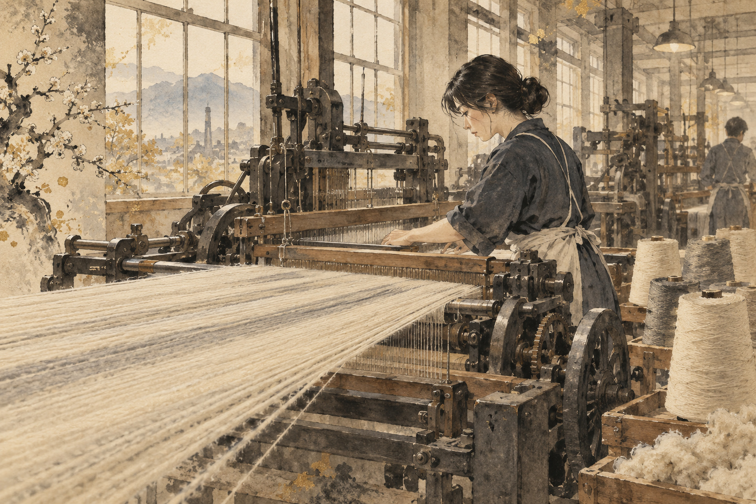 Conceptual illustration of a textile artisan tending an old loom in an Ichinomiya-inspired workshop, with yarn and soft window light