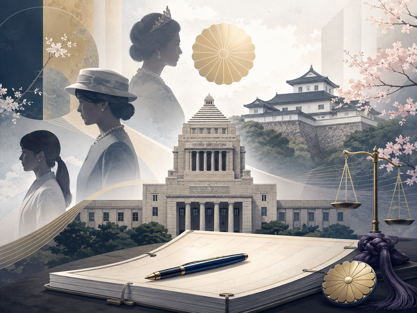 国会と皇室制度を象徴する資料と建物のイラスト