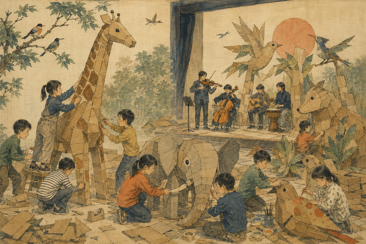 Editorial illustration for Children Paint Giant Cardboard Animals. The Next Day, They Take the Stage
