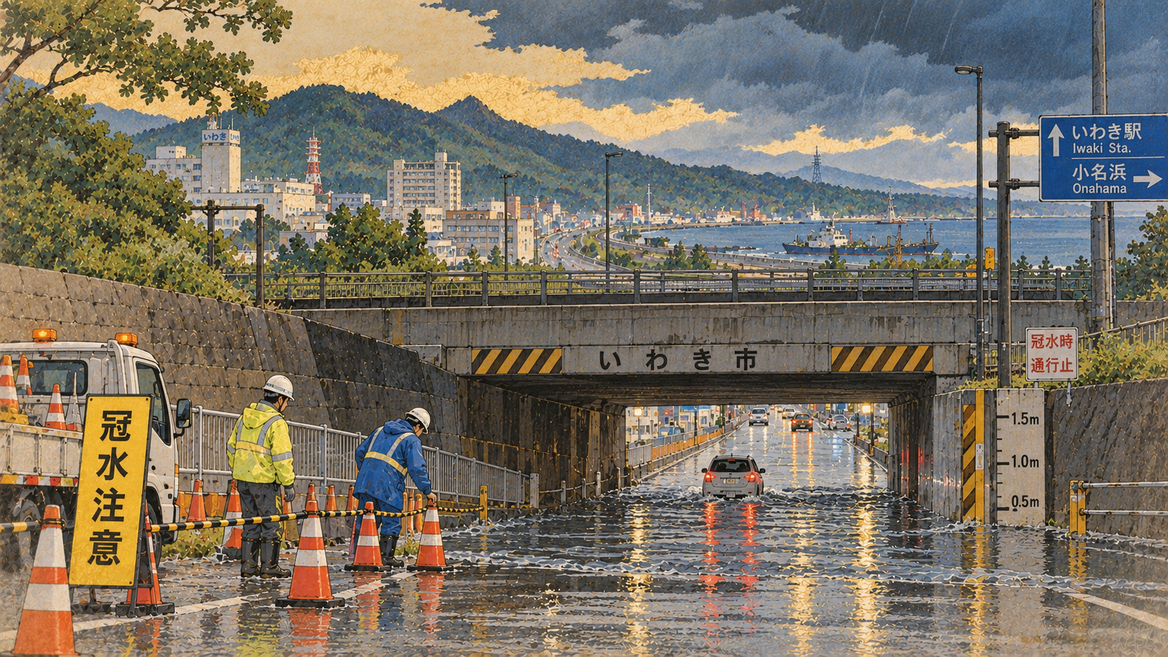 AI editorial illustration inspired by the Nihonga tradition of Ota Shumin; imagined roadway and workers, not documentary photography of the actual accident.