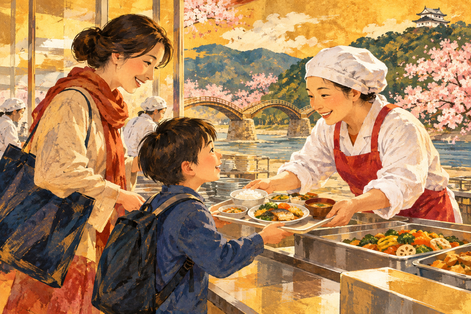 給食センターで、子どもと付き添いの保護者が職員から食事を受け取る様子を描いたイラスト