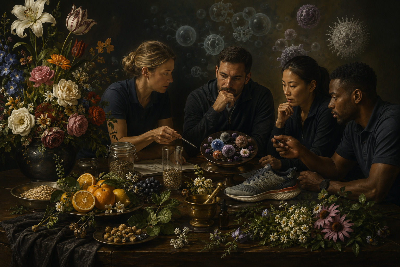 Editorial illustration of sports nutrition and training staff discussing athlete health around food, a running shoe and models of immune cells
