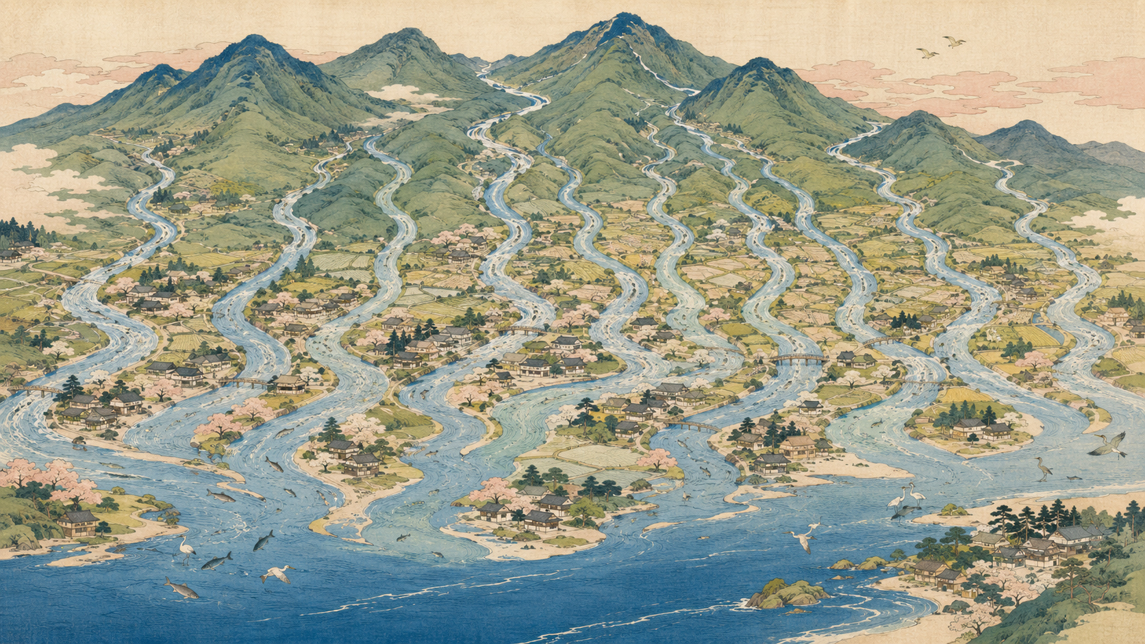 山あいの清流を調べる人々の鈴木春信風錦絵