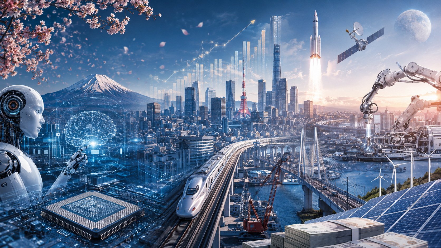 東京の未来的な都市景観、AI、半導体、ロボット、クリーンエネルギー、宇宙開発を組み合わせた日本の成長戦略を象徴するビジュアル。
