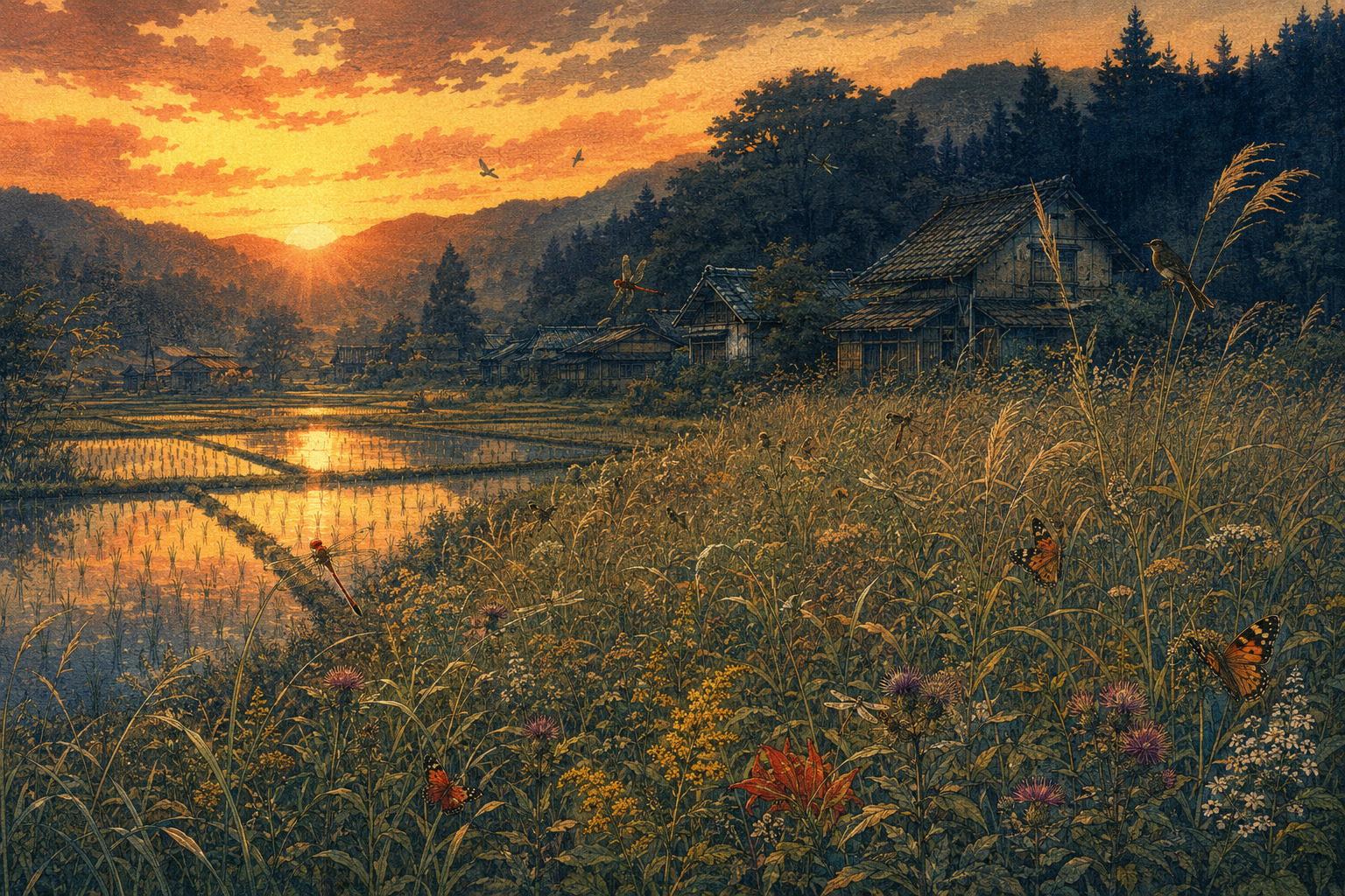 Editorial illustration of former Japanese farmland becoming a wildflower meadow used by birds and insects
