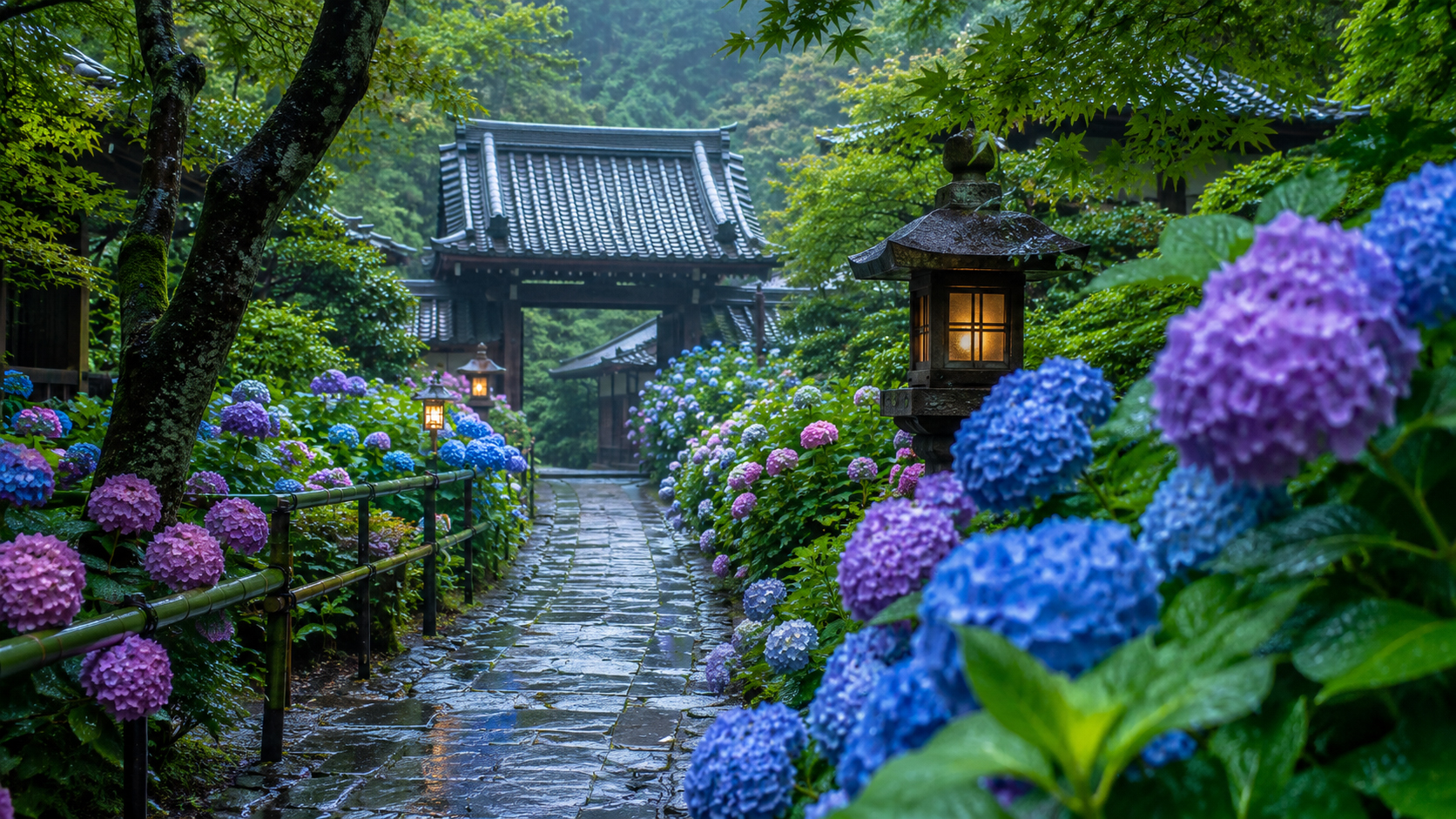 A rain-washed Japanese garden path lined with blue, purple and pink hydrangeas, with a temple gate and lanterns in the background.