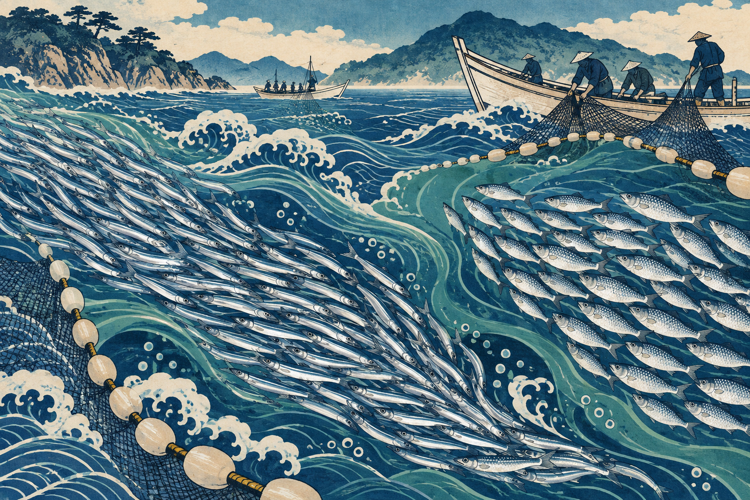 Small Fish, Unequal Fortunes: Japan’s Anchovy and Round-Herring Assessments — AI editorial illustration