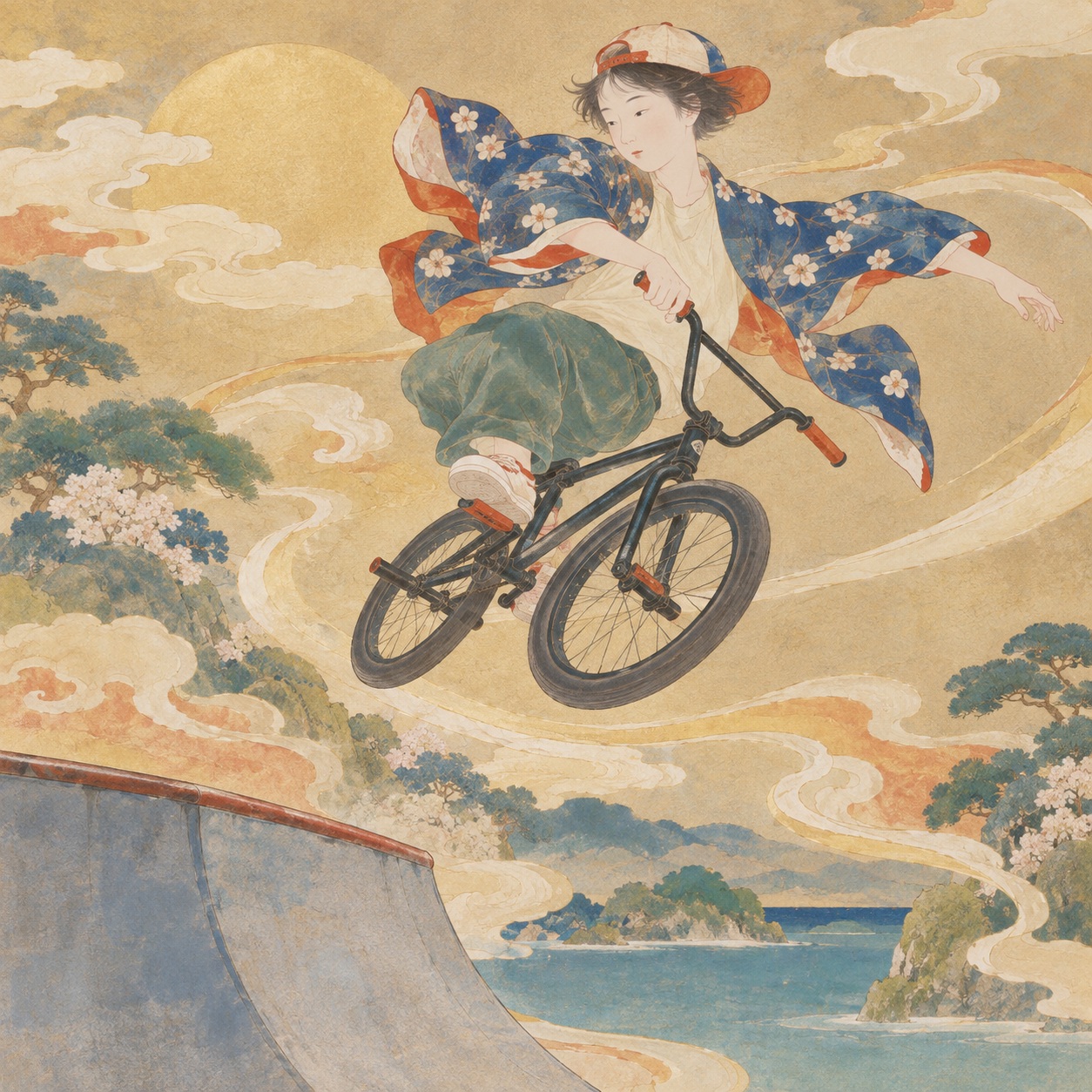 BMXフリースタイル選手がパーク上空で技を決める編集用イラスト