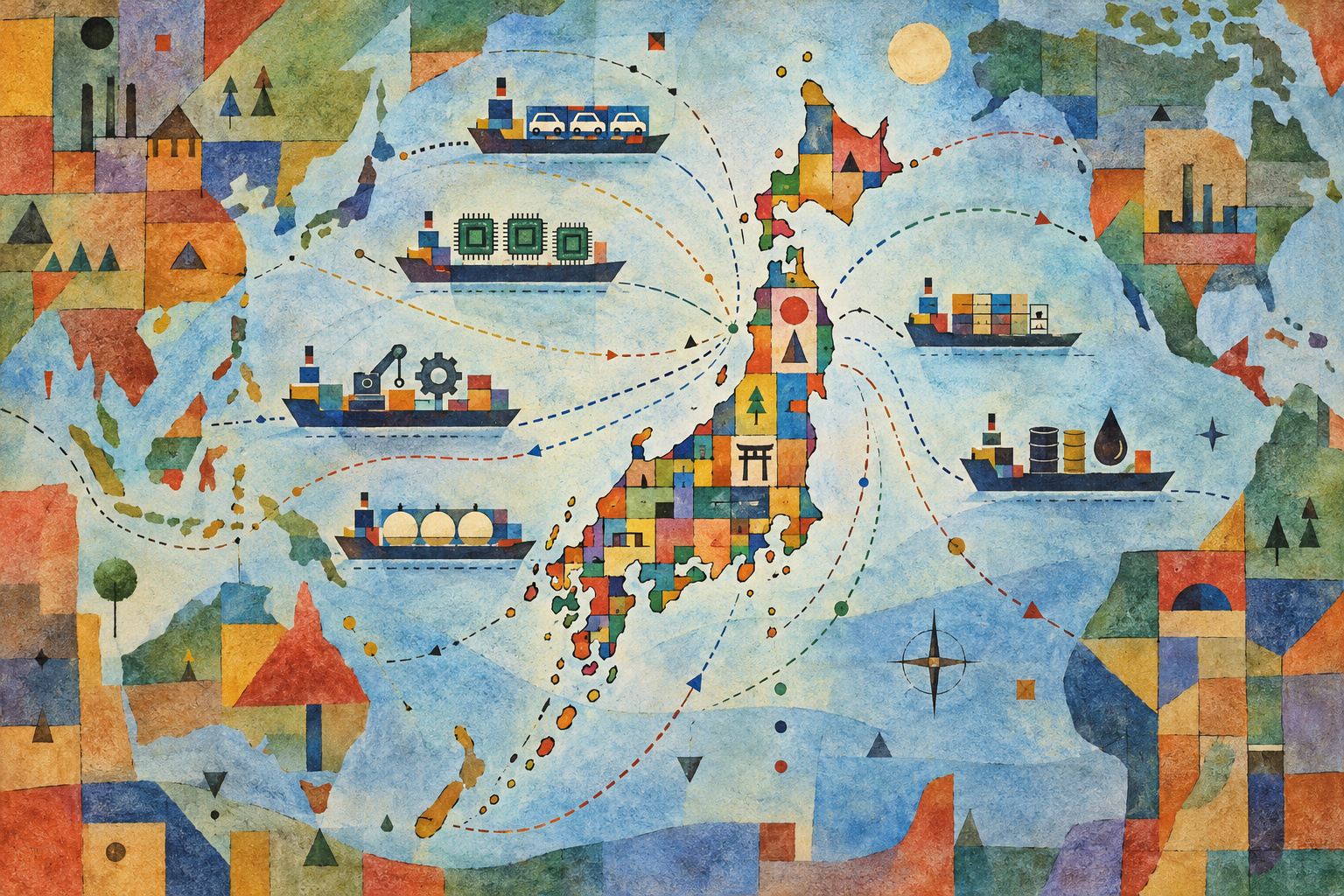 Japan’s exports rise, but a heavier import bill widens August’s trade deficit — AI-generated editorial illustration