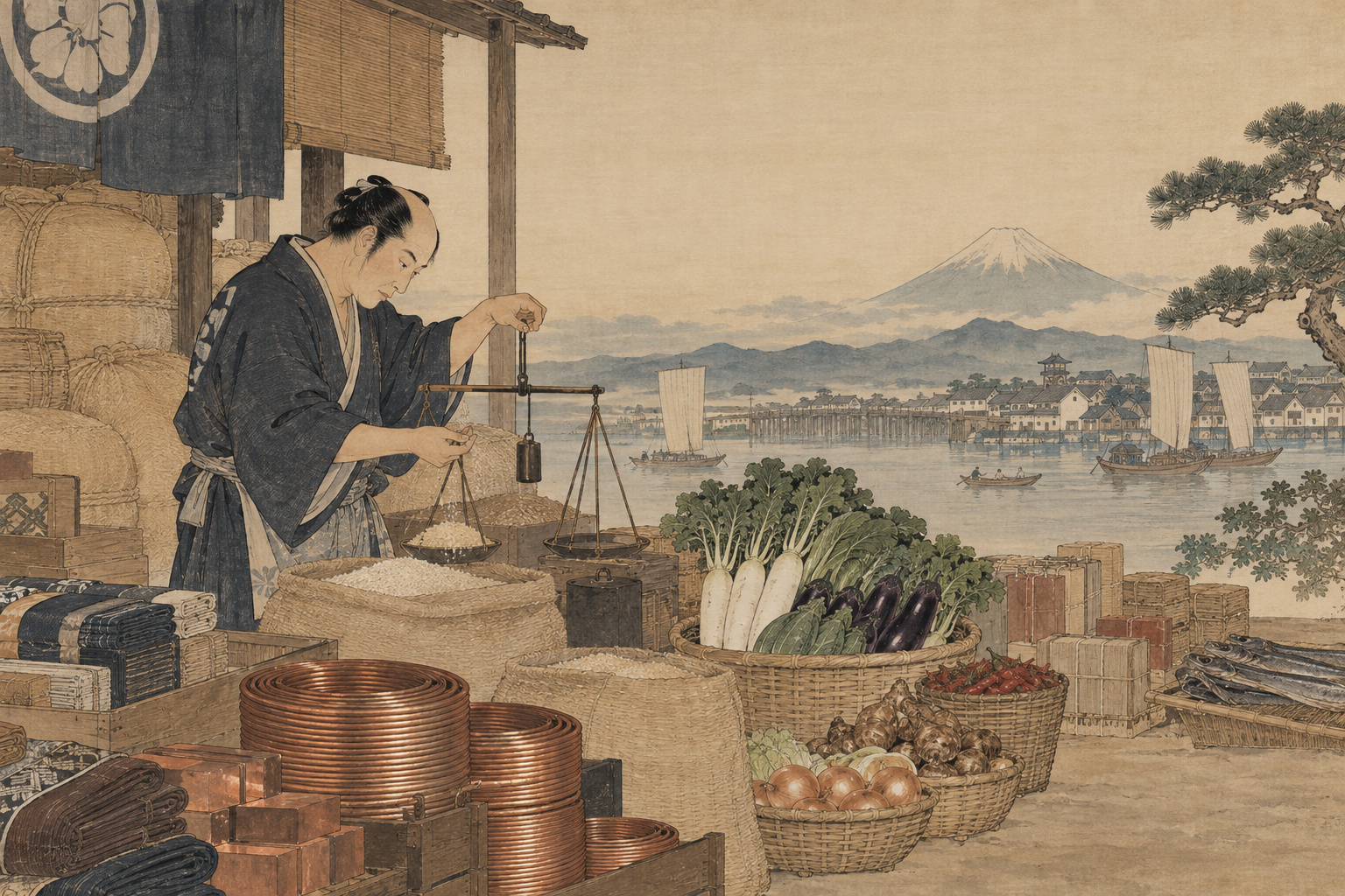 穀物を量る商人と、野菜や銅のコイルなどの品物を描いた編集イラスト
