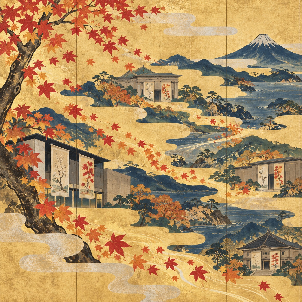 秋の葉、地域の美術館、商店街、山並みを金色の霧でつないだ編集用イラスト