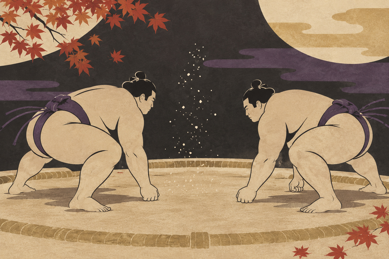 Two unnamed sumo wrestlers facing each other across a circular ring