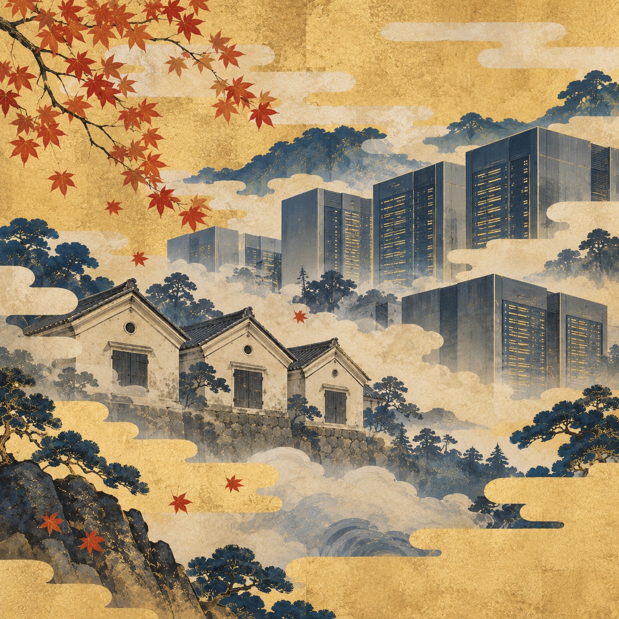 金色の背景に伝統的な蔵と現代のデータセンター群が霧の中から現れる編集用イラスト