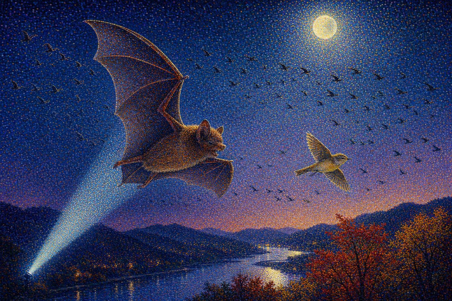 A noctule pursuing a migratory bird as researchers observe at night