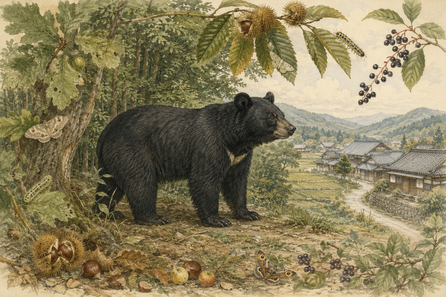山林と集落の境界に立つツキノワグマを描き、人の安全と共存政策の緊張を示した編集イラスト