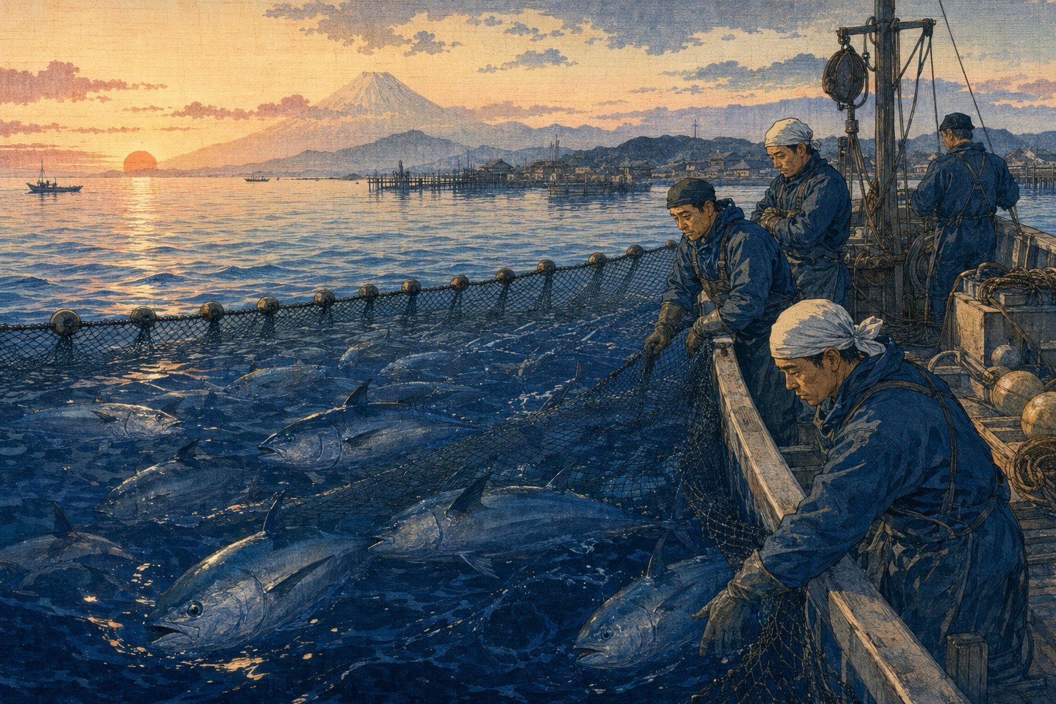 定置網に集まった大型クロマグロと日本の漁師