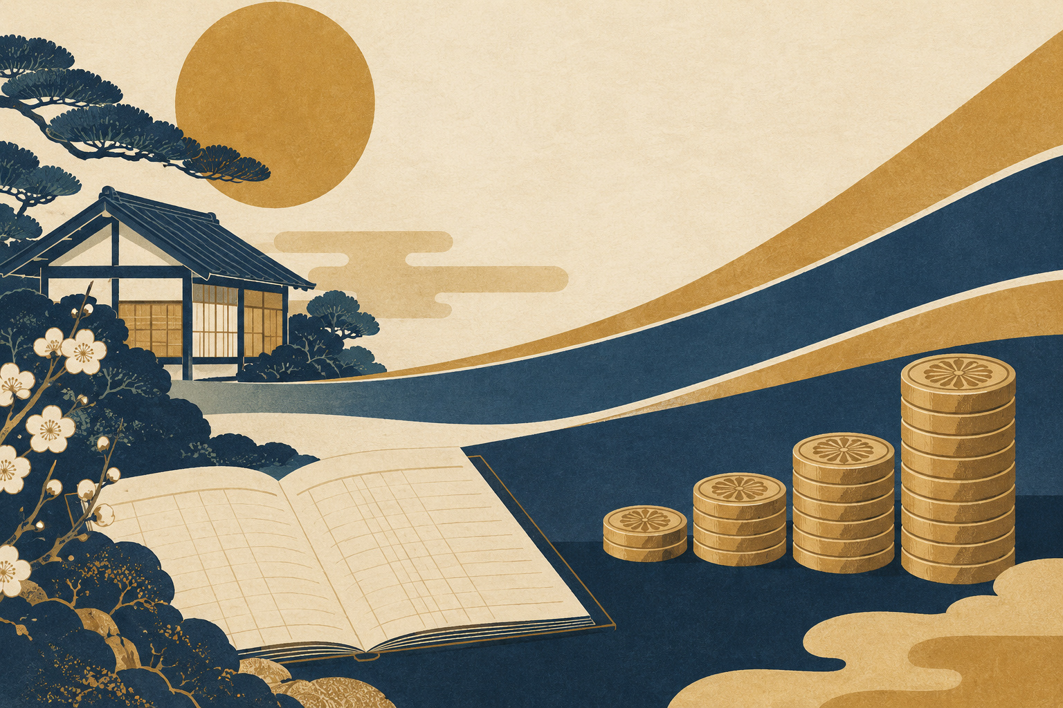 日本の家、帳簿、積み重ねた硬貨を描いたイラスト