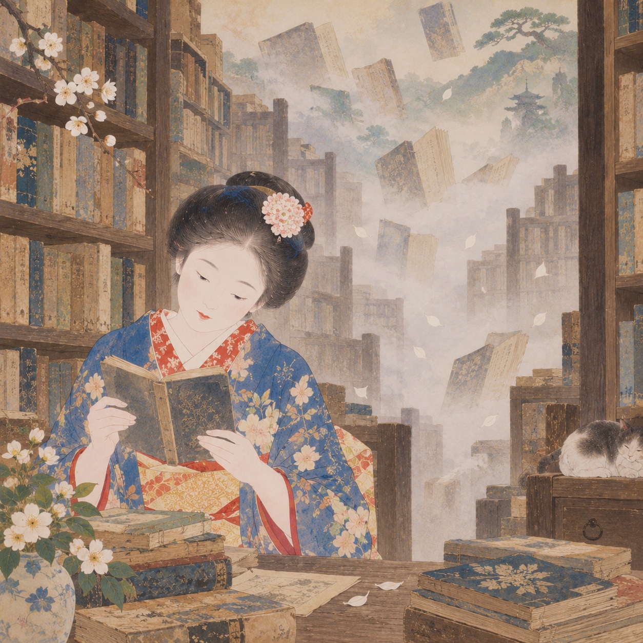 書店の棚から消えていく本と保存の記憶を描いた編集用イラスト