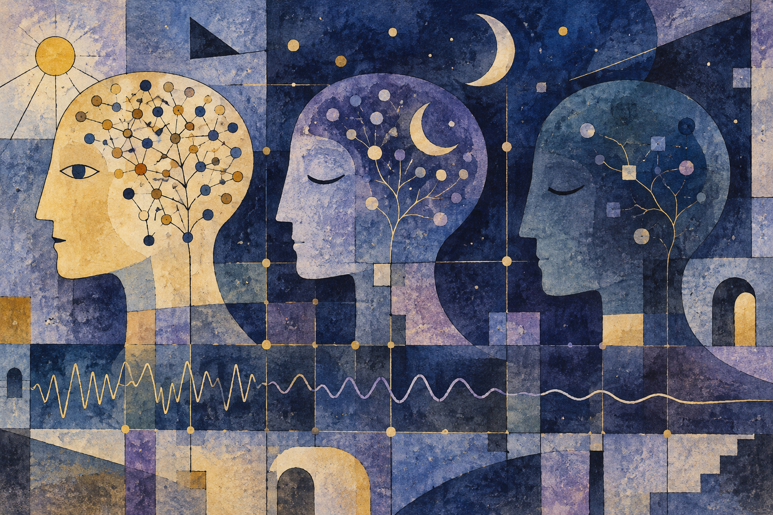 Three abstract profiles containing different constellations of dots and lines