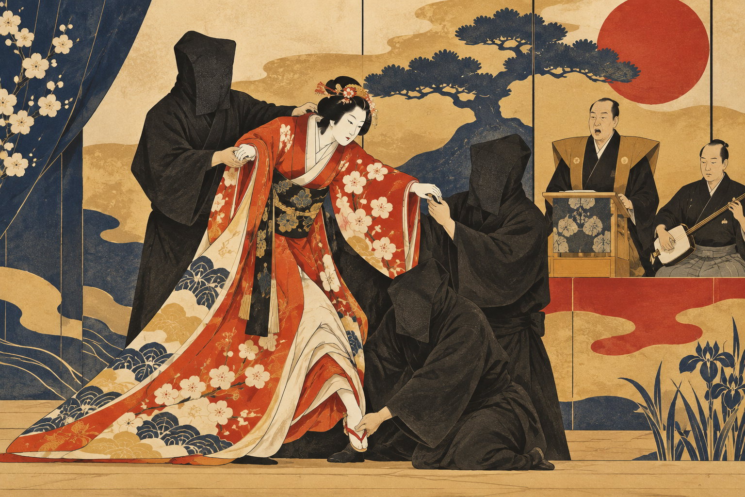How bunraku comes alive: the ensemble behind the puppet — AI editorial illustration