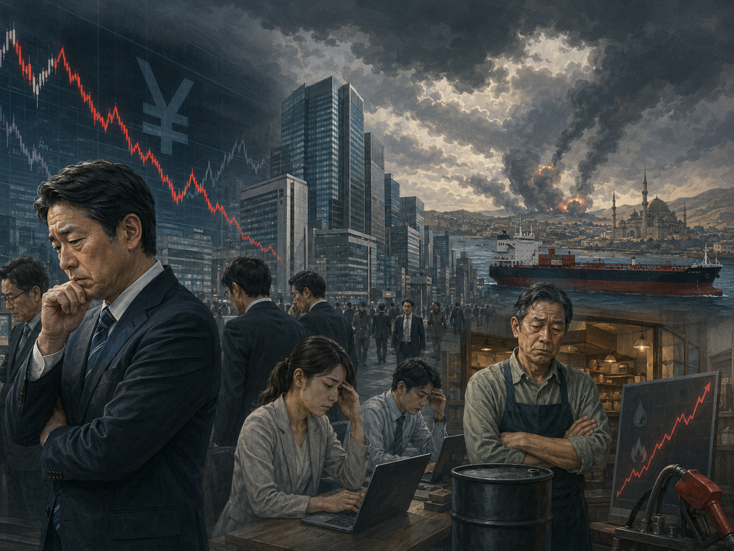 中東戦争で日本企業の景況感が悪化のイラスト