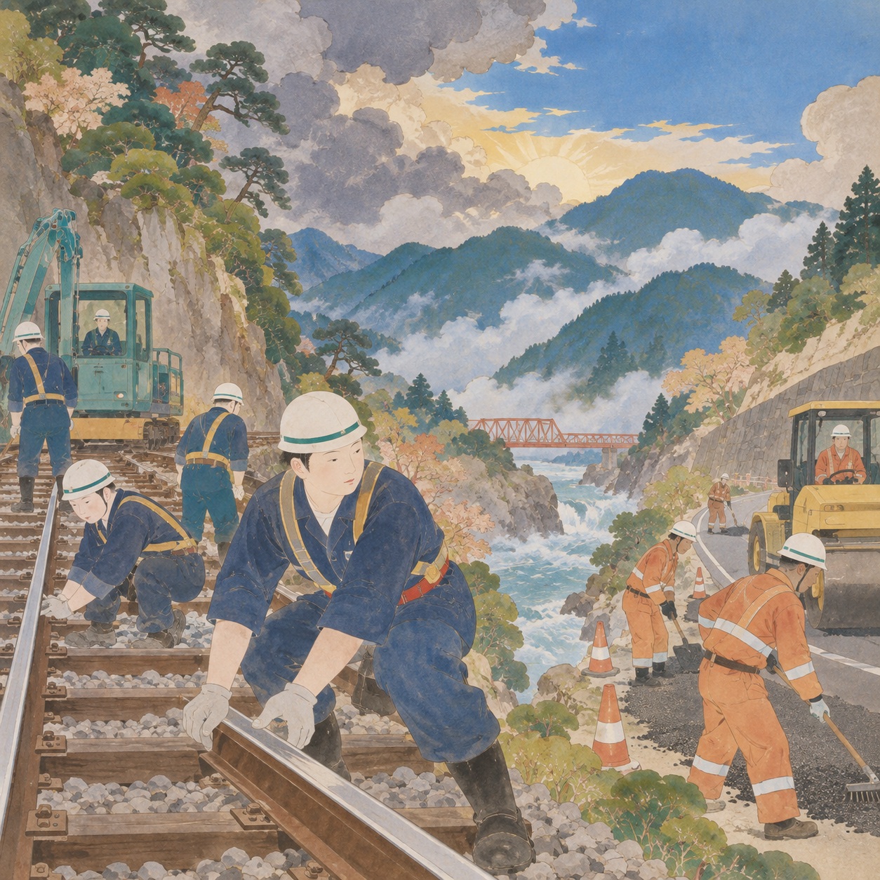 千葉の鉄道と県道が同時に被災した復旧現場を描いた編集用イラスト