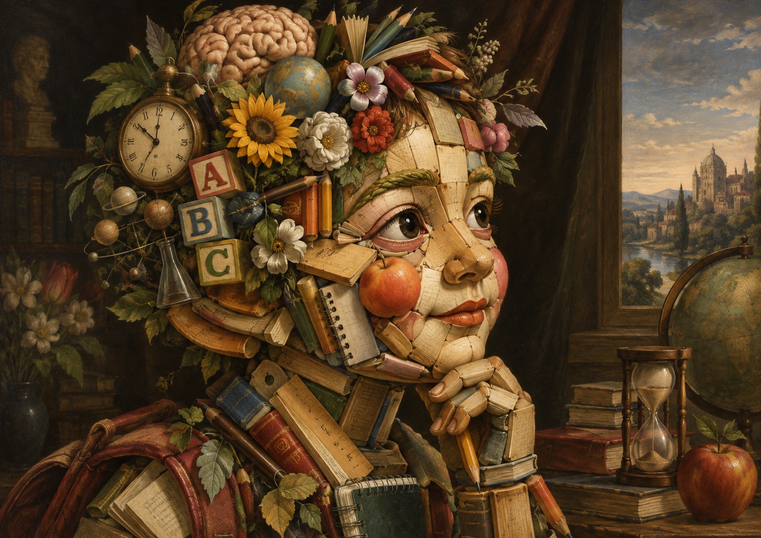 Japan.co.jp AI editorial illustration inspired by Giuseppe Arcimboldo’s composite portraits, accompanying “What a Child’s Blink May Reveal — and What It Cannot”