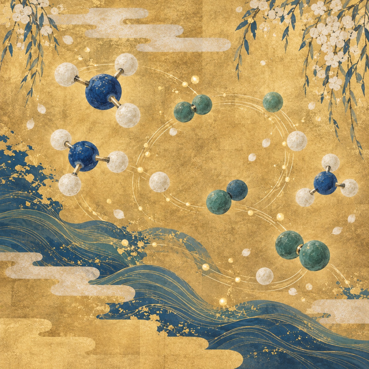 金色の背景に分子や反応経路を花や水滴のように描いた編集用イラスト