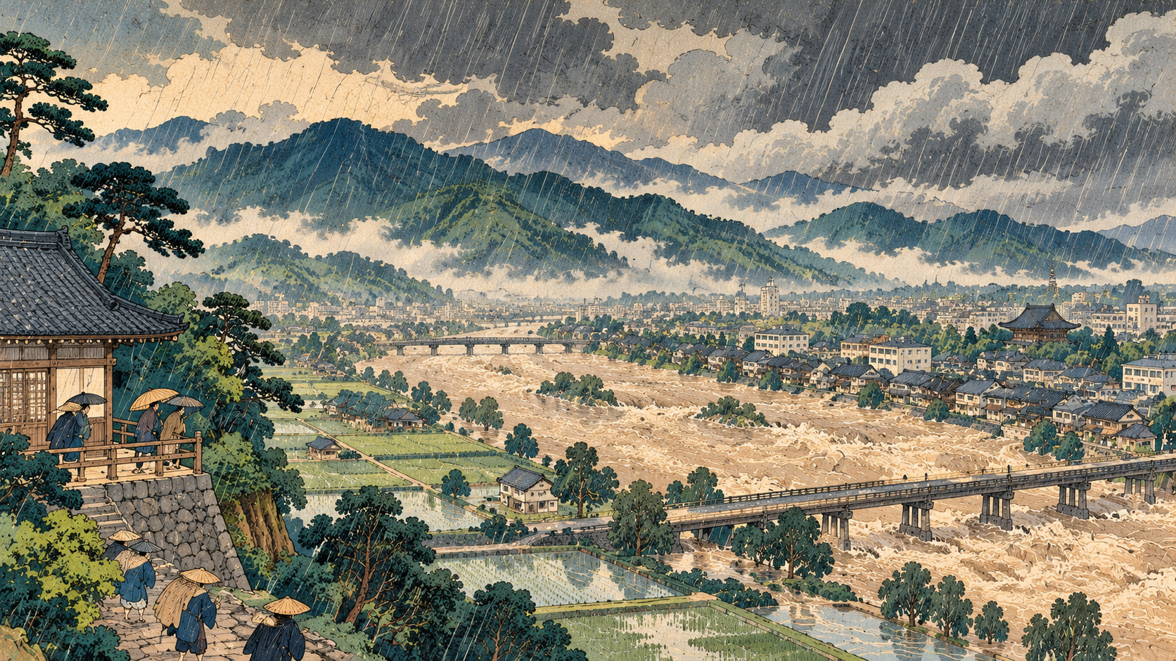 記録的大雨に温暖化はどう影響したか――6事例を数値で検証 — editorial illustration