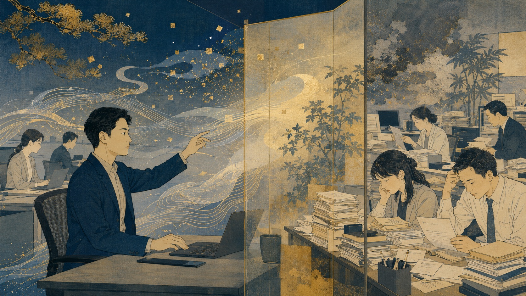 Editorial image contrasting unchanged paperwork with a worker directing flowing AI patterns