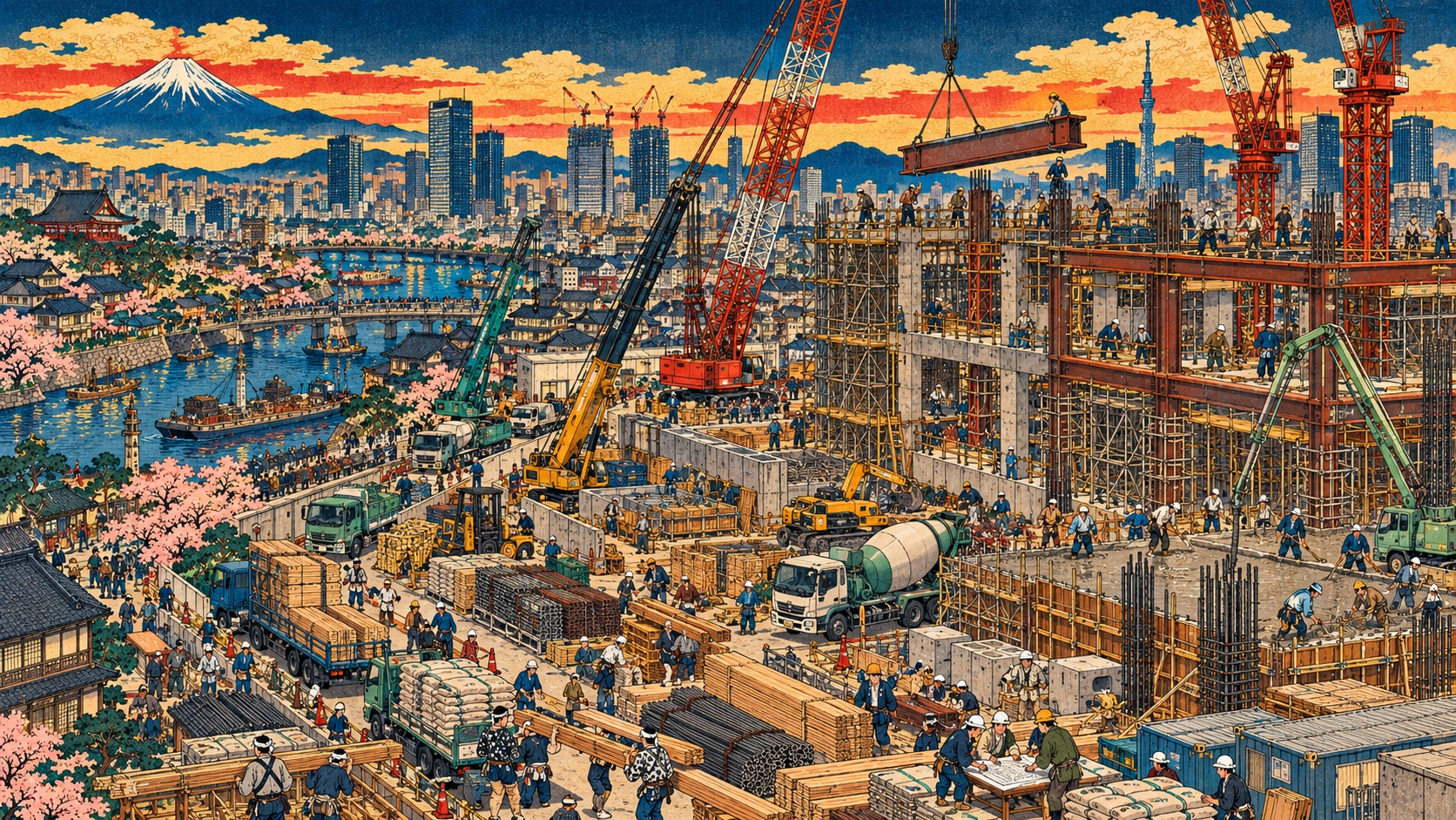 Japan Has the Building Materials. Where Are the Skilled Workers? — AI-generated editorial illustration, not a news photograph