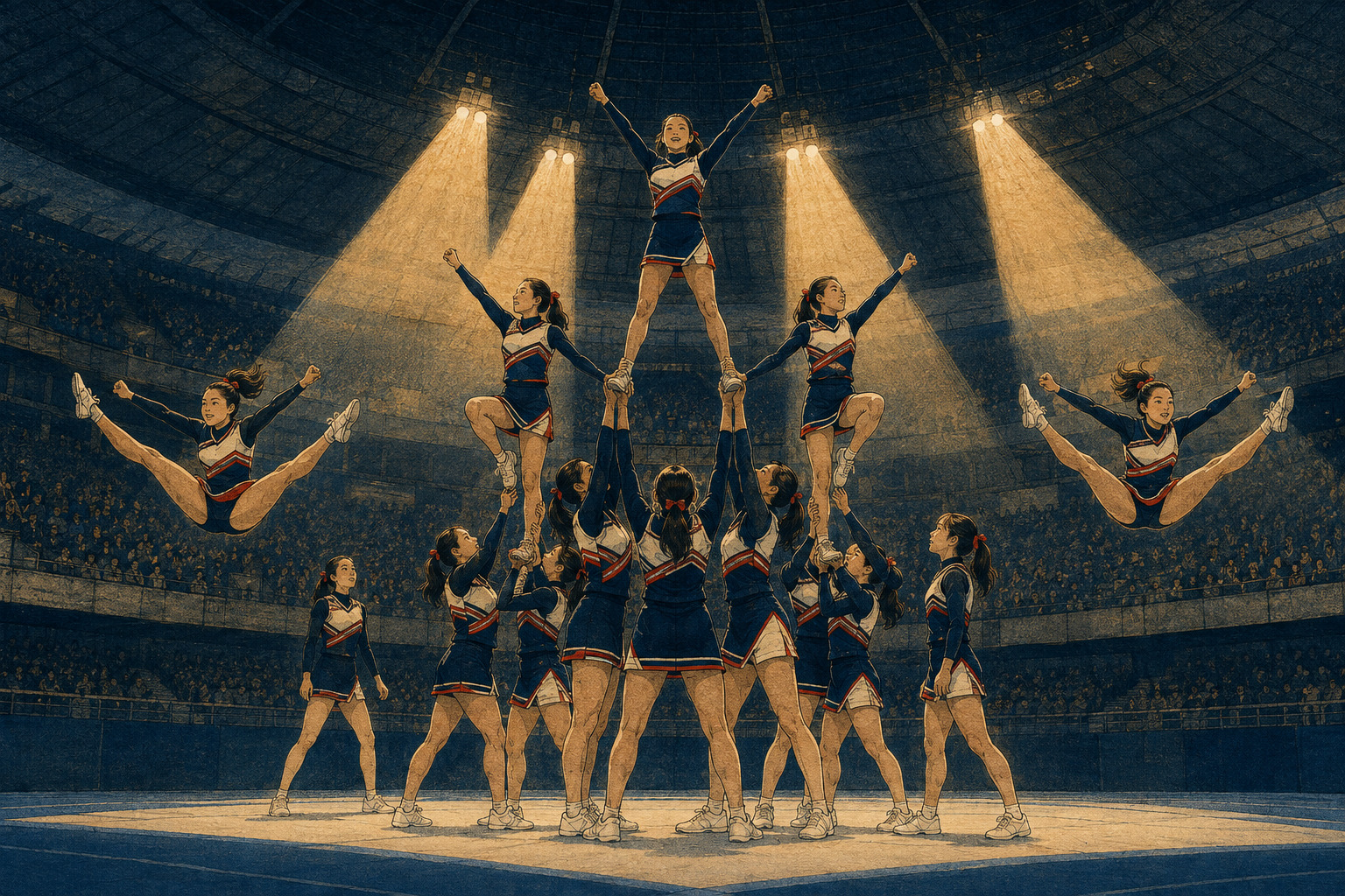 Editorial illustration of a cheerleading team performing in a dramatically lit arena inspired by Tokyo’s Yoyogi venue