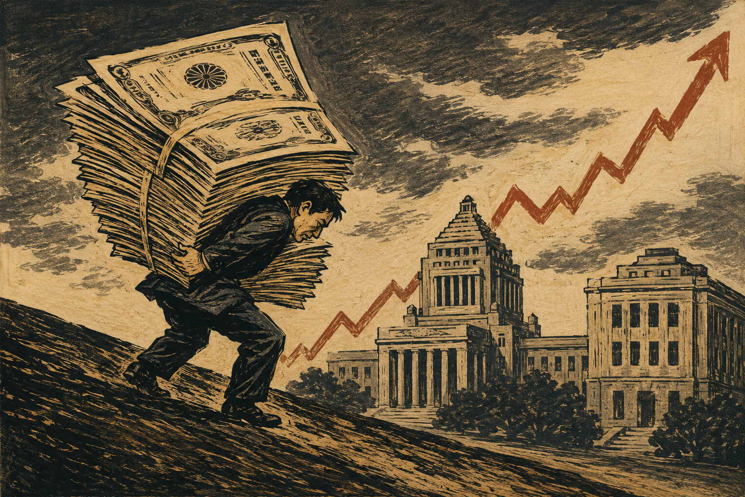 Editorial illustration of Japanese government bonds, yen notes and a rising yield chart representing higher debt-service costs