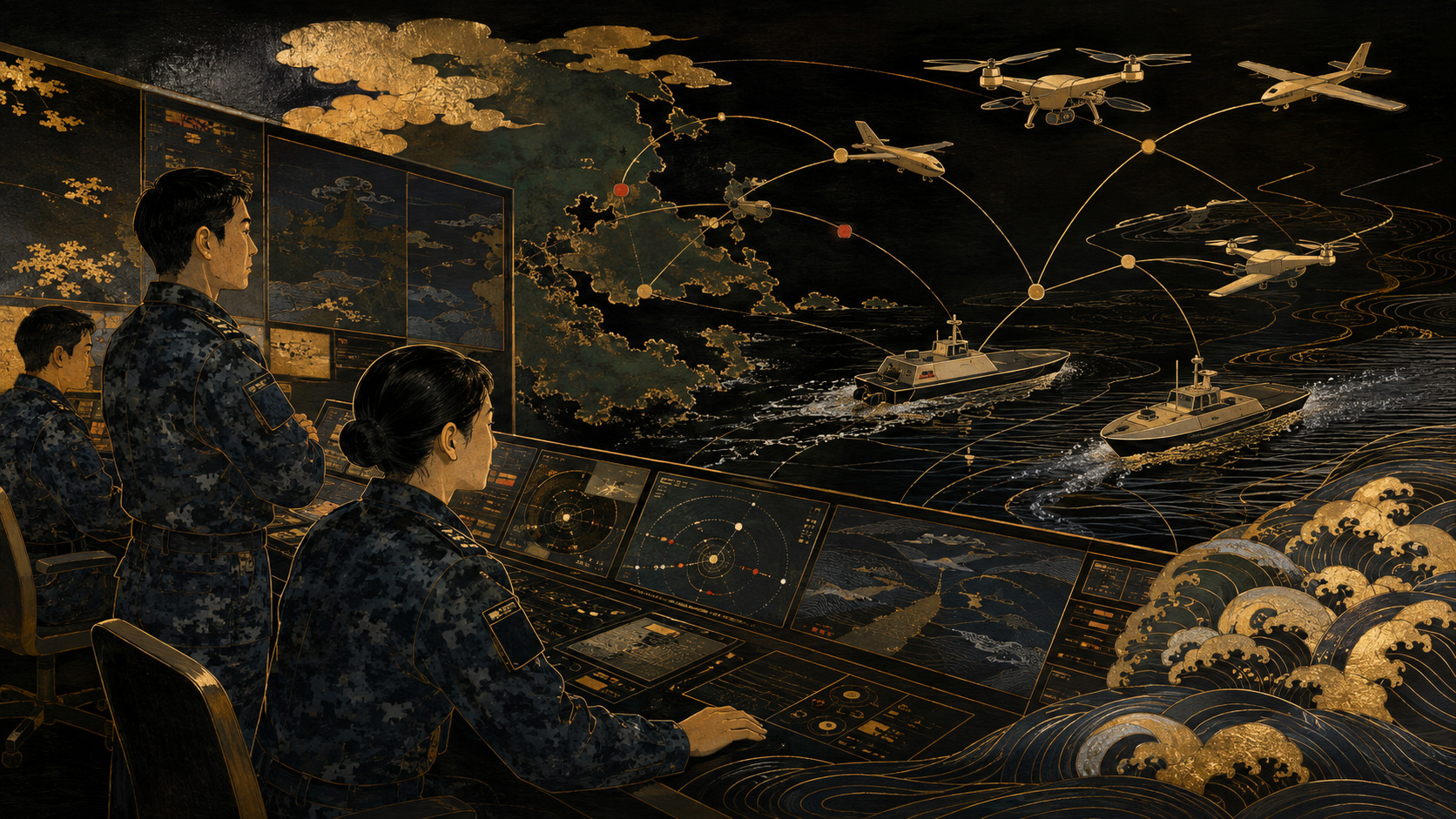 Japanese defense personnel monitoring coordinated aerial and maritime drones through an advanced command system.