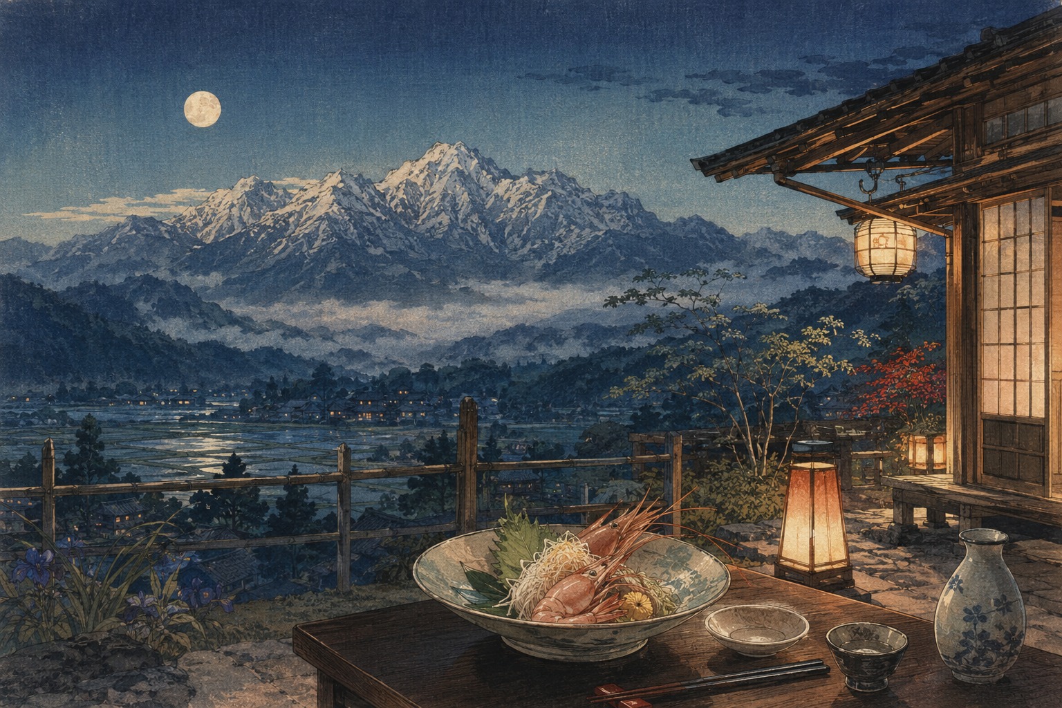 富山の山岳景観、地域料理、旅のもてなしを描いたイラスト