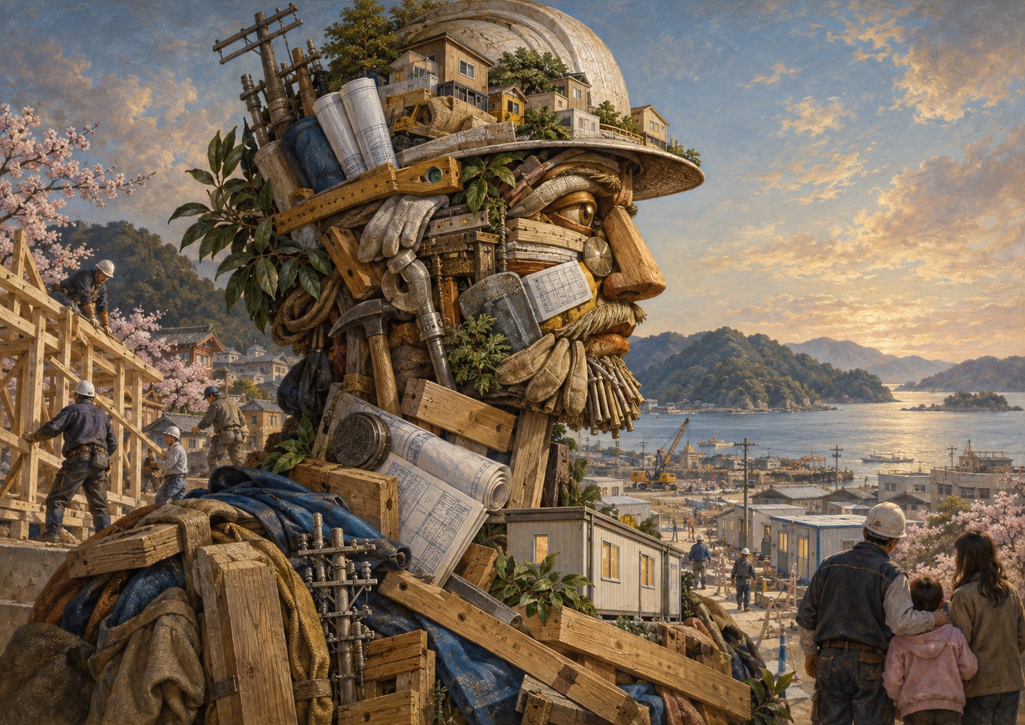 Japan.co.jp AI editorial illustration inspired by Giuseppe Arcimboldo’s composite portraits, accompanying “Fifteen Years On, Fukushima Reconstruction Still Needs Outside Specialists”