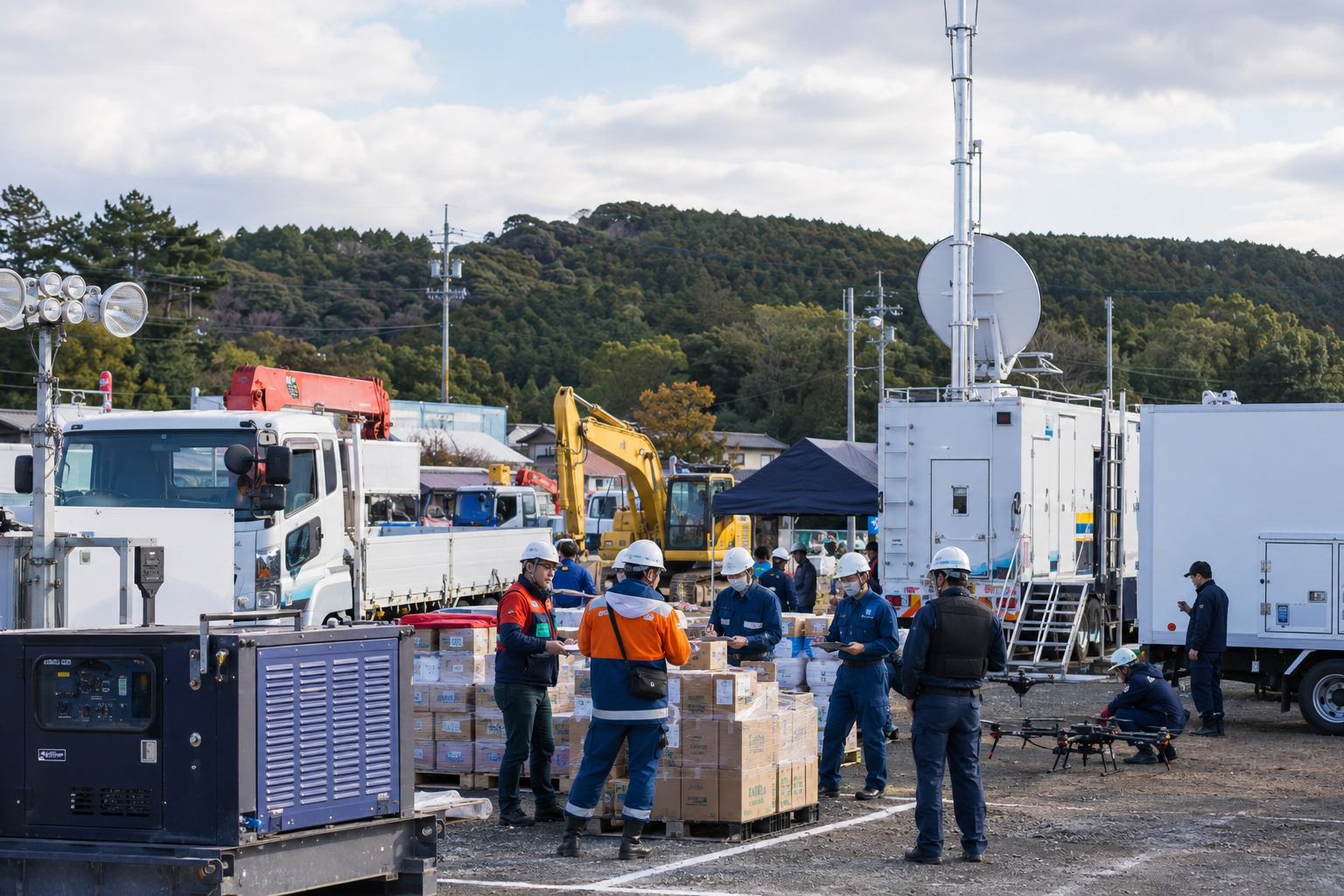 災害復旧の現場では、建設機械、発電機、通信車両、物資、ドローン、地図情報が一つの作業線になる。