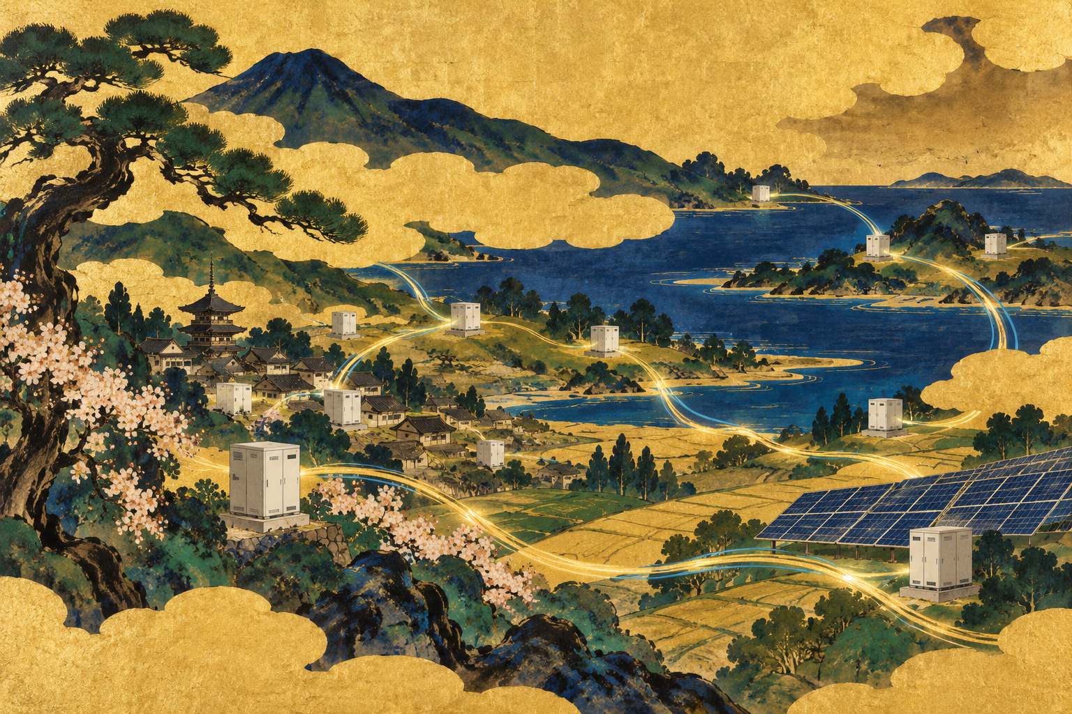 Small battery installations and solar panels in a gold-ground Japanese landscape connected by flowing blue and gold bands