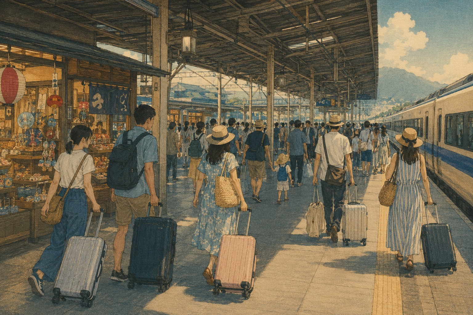 夏の駅でスーツケースを引く国内旅行者を描いた小原古邨着想の編集用イラスト