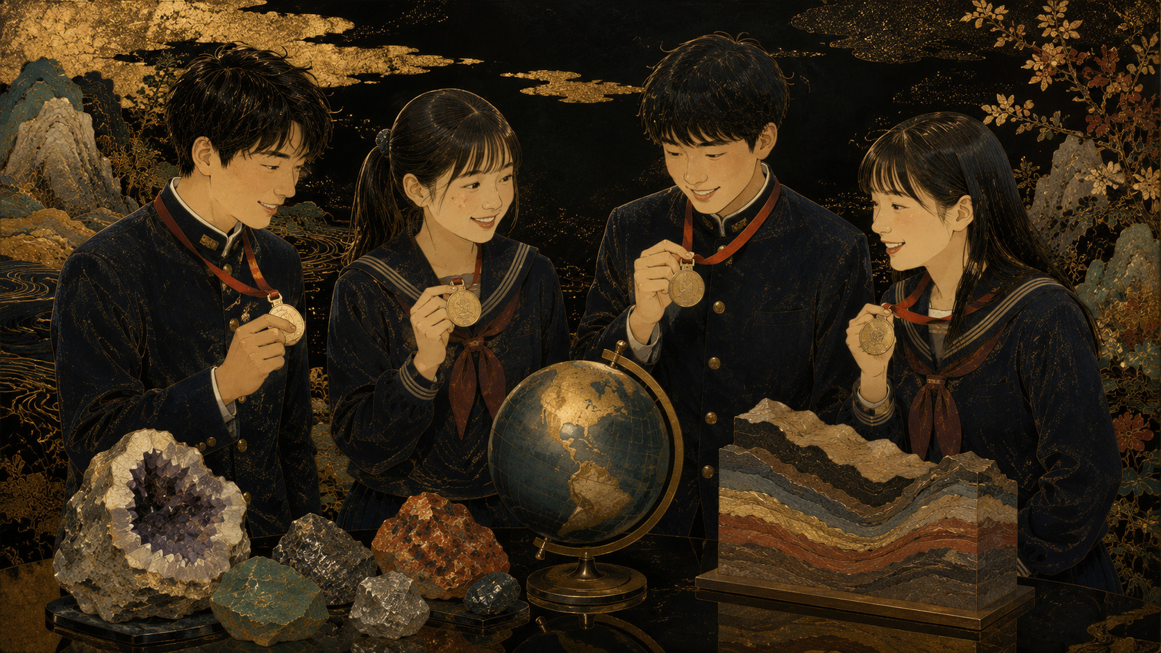 Four Japanese high-school students celebrating with earth-science medals, geological specimens and a globe.