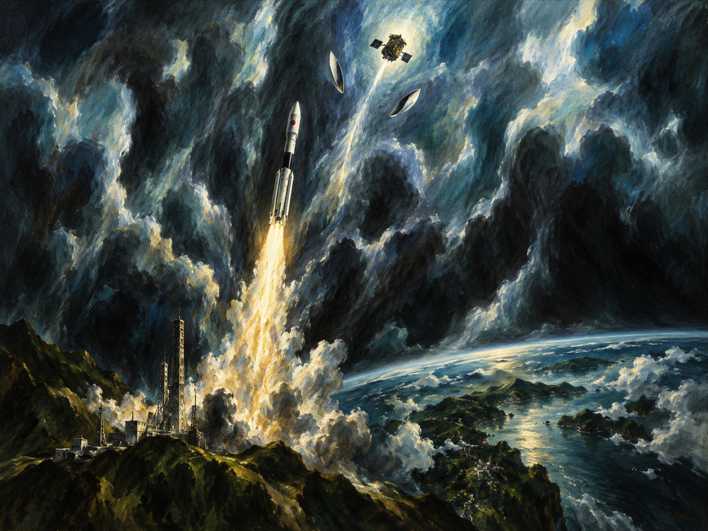 El Greco-inspired editorial illustration of a Japanese rocket rising through turbulent clouds as a small recovery spacecraft heads toward orbit