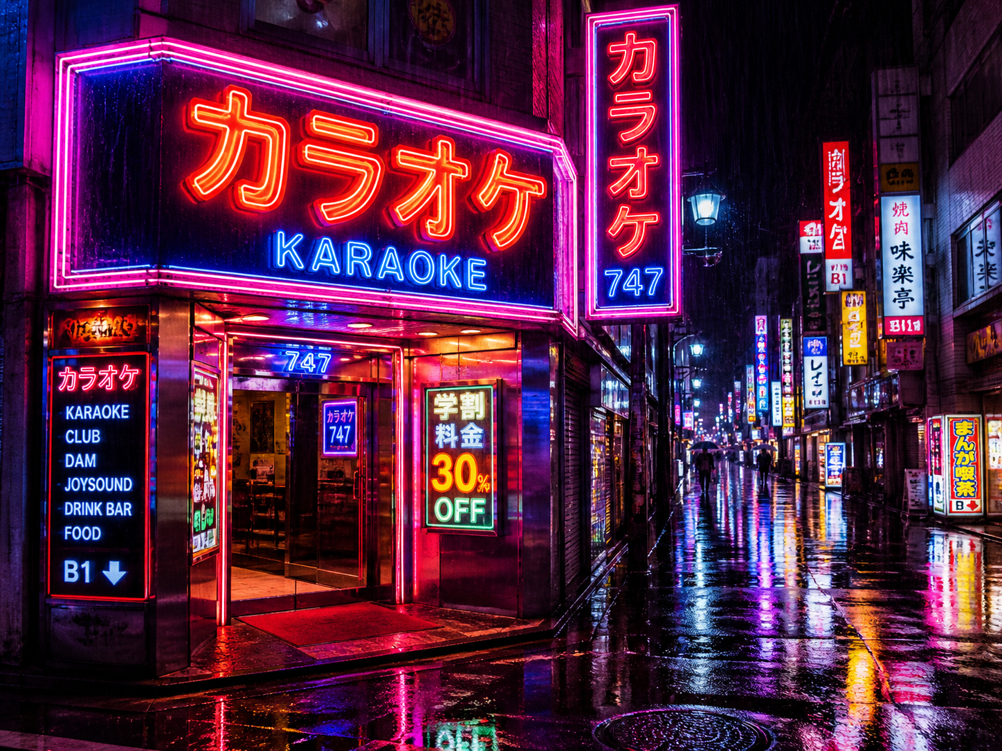 Karaoke neon sign in the rain