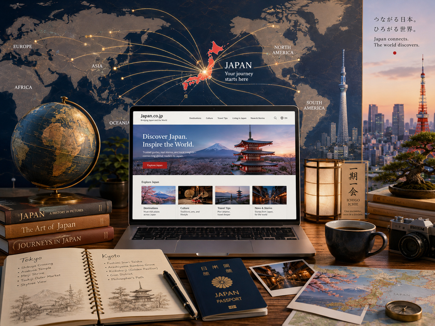 Global map and skyline representing USA.co.jp
