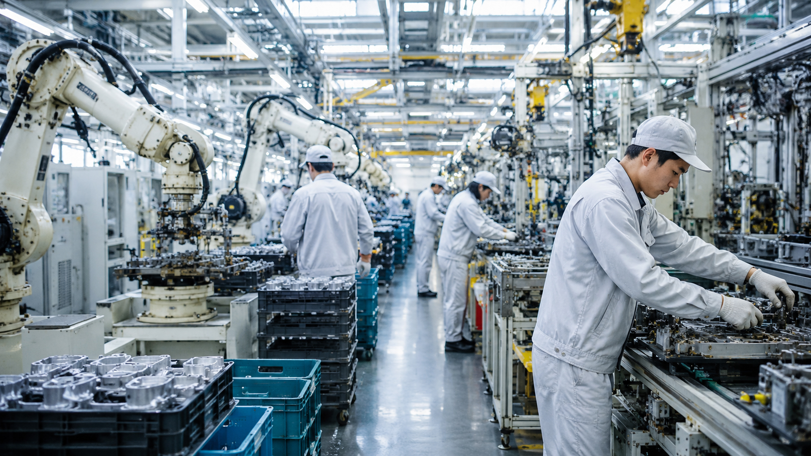 Modern Japanese manufacturing line with workers, robots and parts moving through a bright factory.