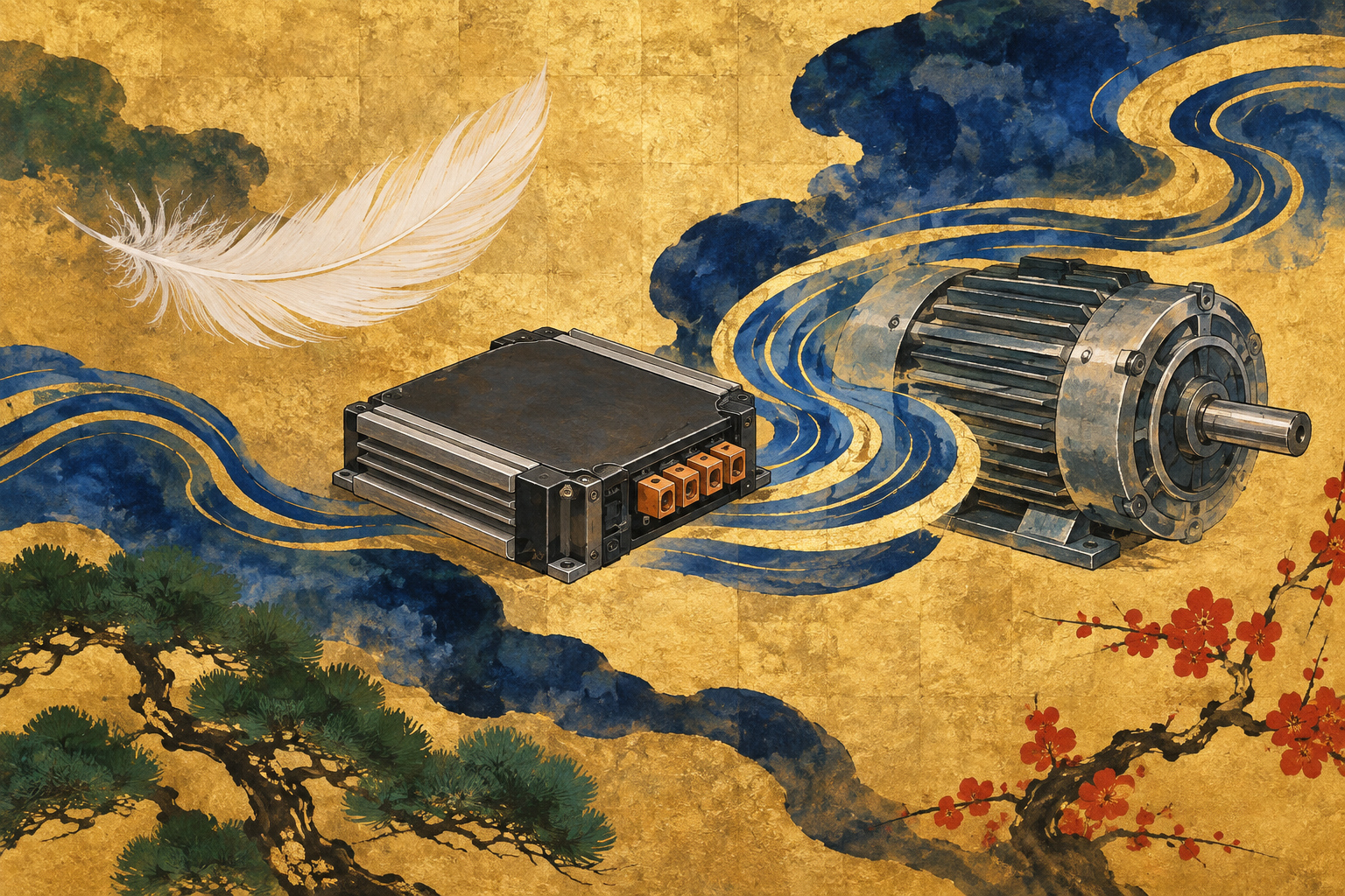 A conceptual compact power converter and motor beside a floating white feather, with blue ribbons on a gold ground