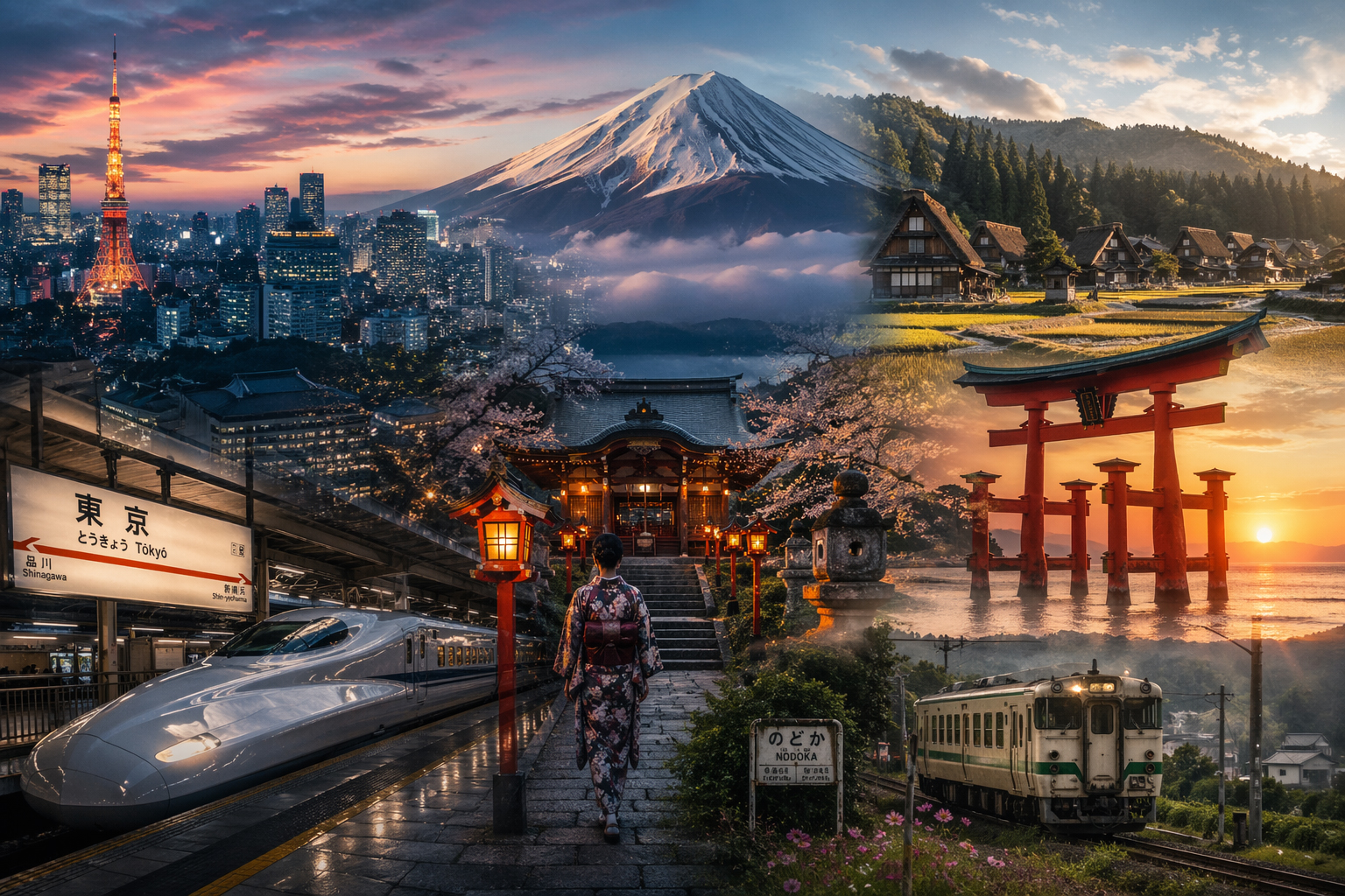 東京、富士山、地方の神社、鉄道が重なり合う、日本は決してひとつではないことを象徴する特集画像